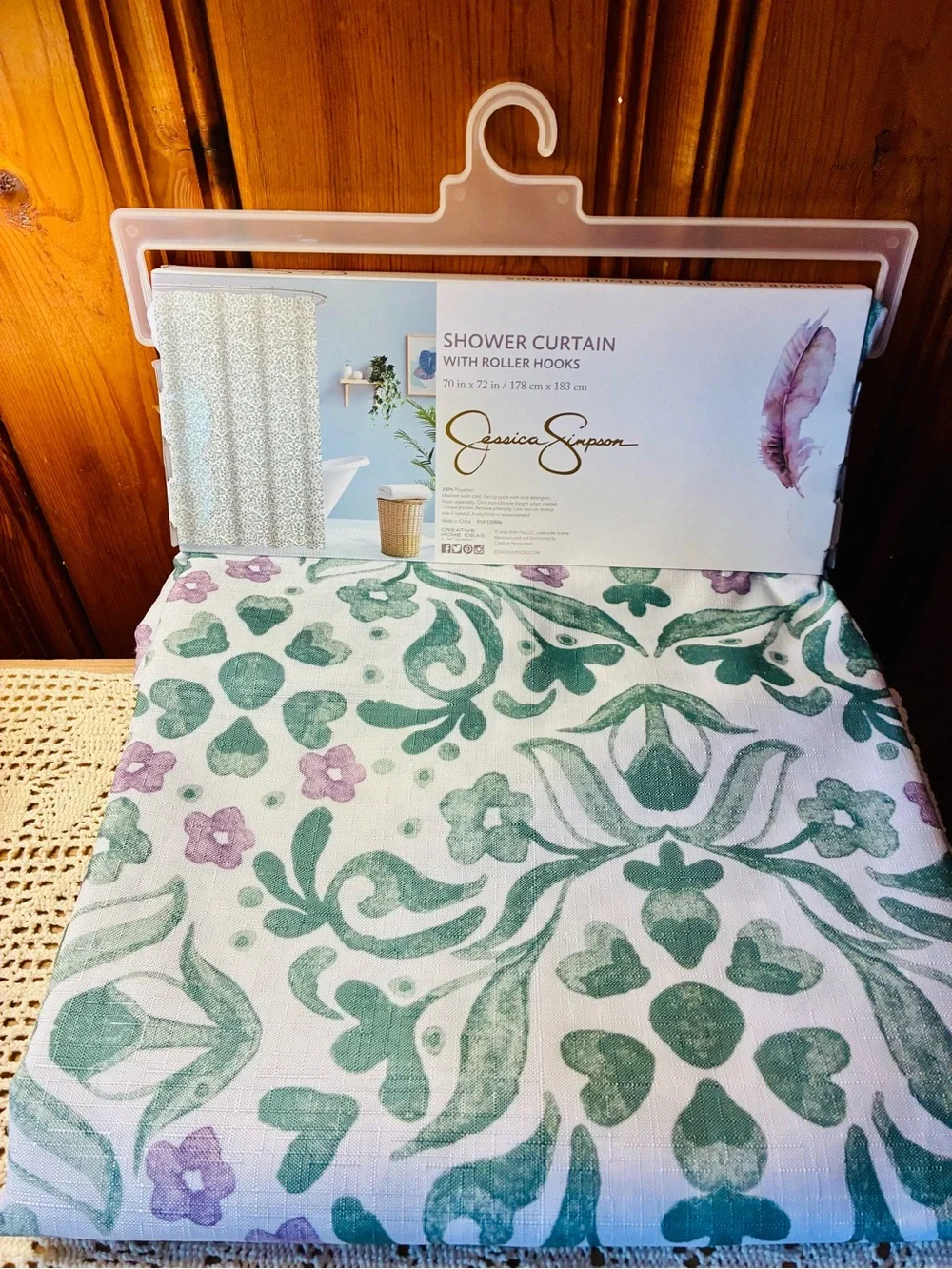 Jessica Simpson Green and Lilac Floral Printed Shower Curtain